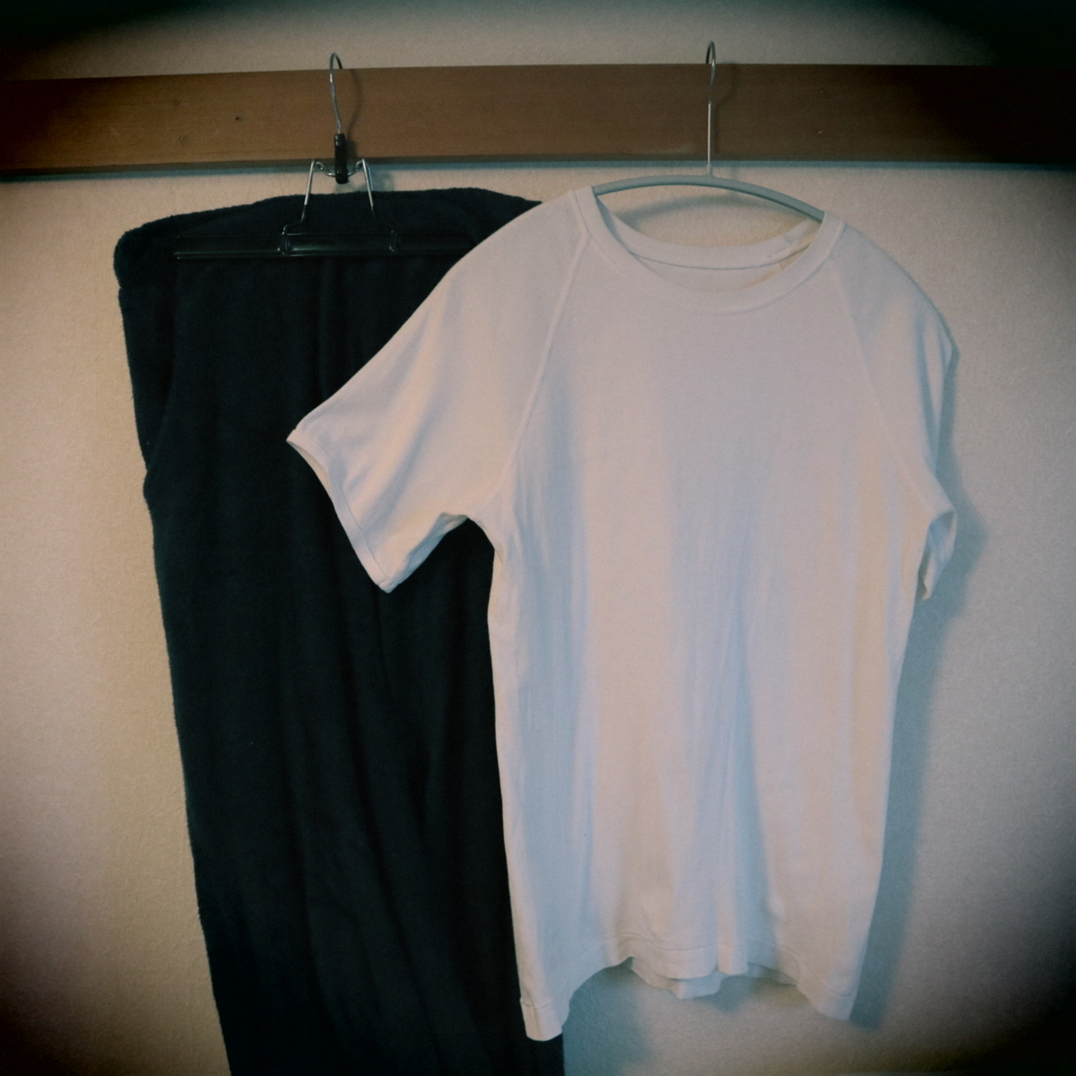 ミニマリスト30代のワードローブ　白Tシャツ＋紺パイル地パンツ